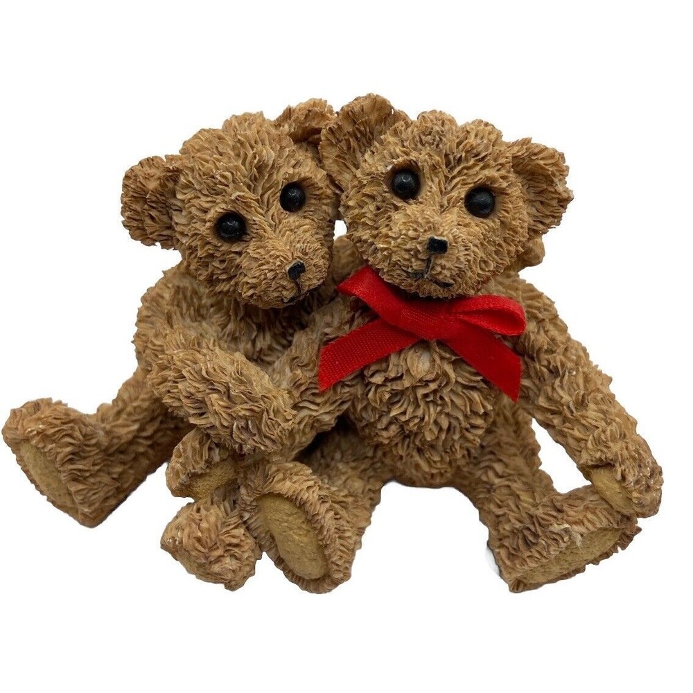Vintage Two Teddy Bears Hugging Figurine Red Bow Tie Textured Fur Poly Gift 97